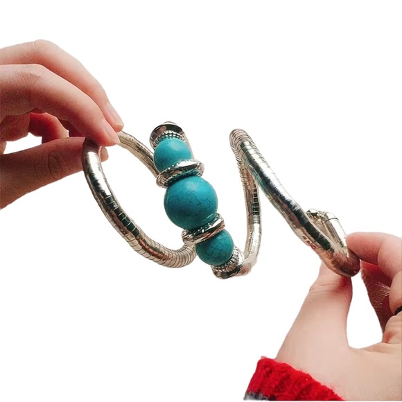 Bohemian Turquoise and Silver Stretch Wrap Bracelet - Picture 2 of 5